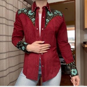 Patricia wolf western leather pearl snap blouse.Hand painted floral design S EUC